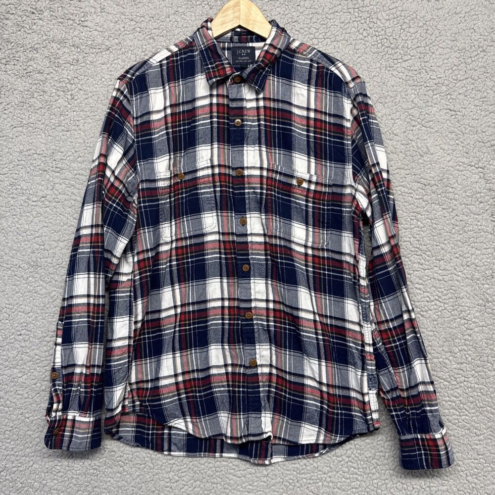 J. Crew Men's Slim Fit Flannel Shirt Large Navy Blue Red White Cotton